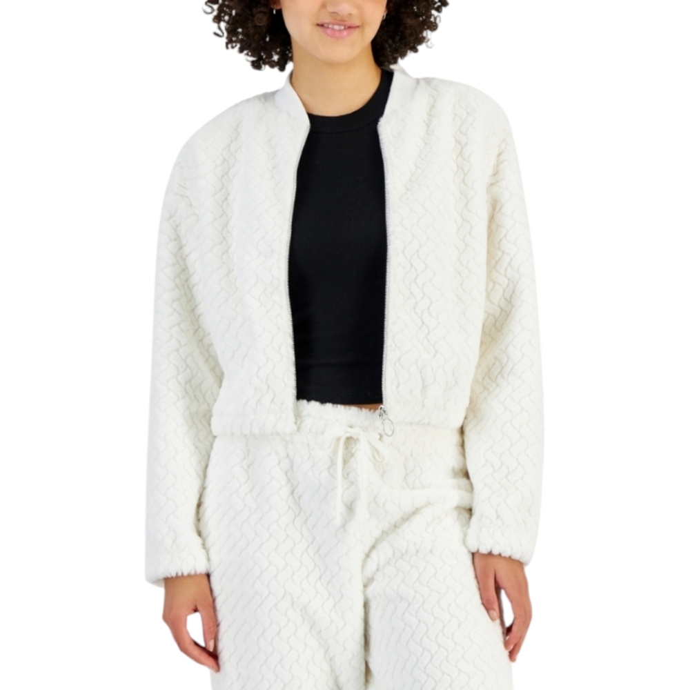 Crave Fame Juniors' Faux-Fur Embossed Bomber Jacket Ivory Zig Zag XL